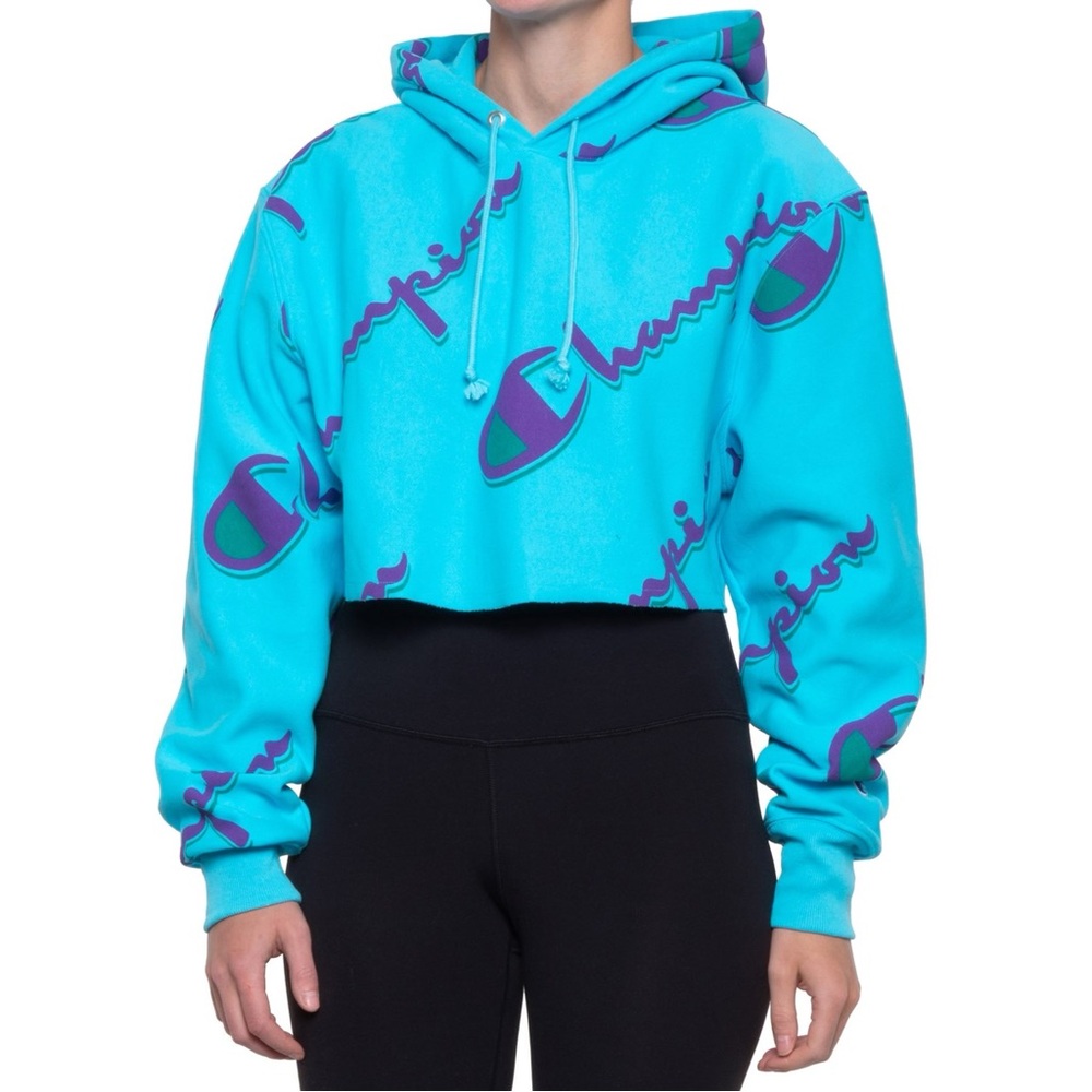 Champion All-Over Logo Blue Cropped Hoodie
